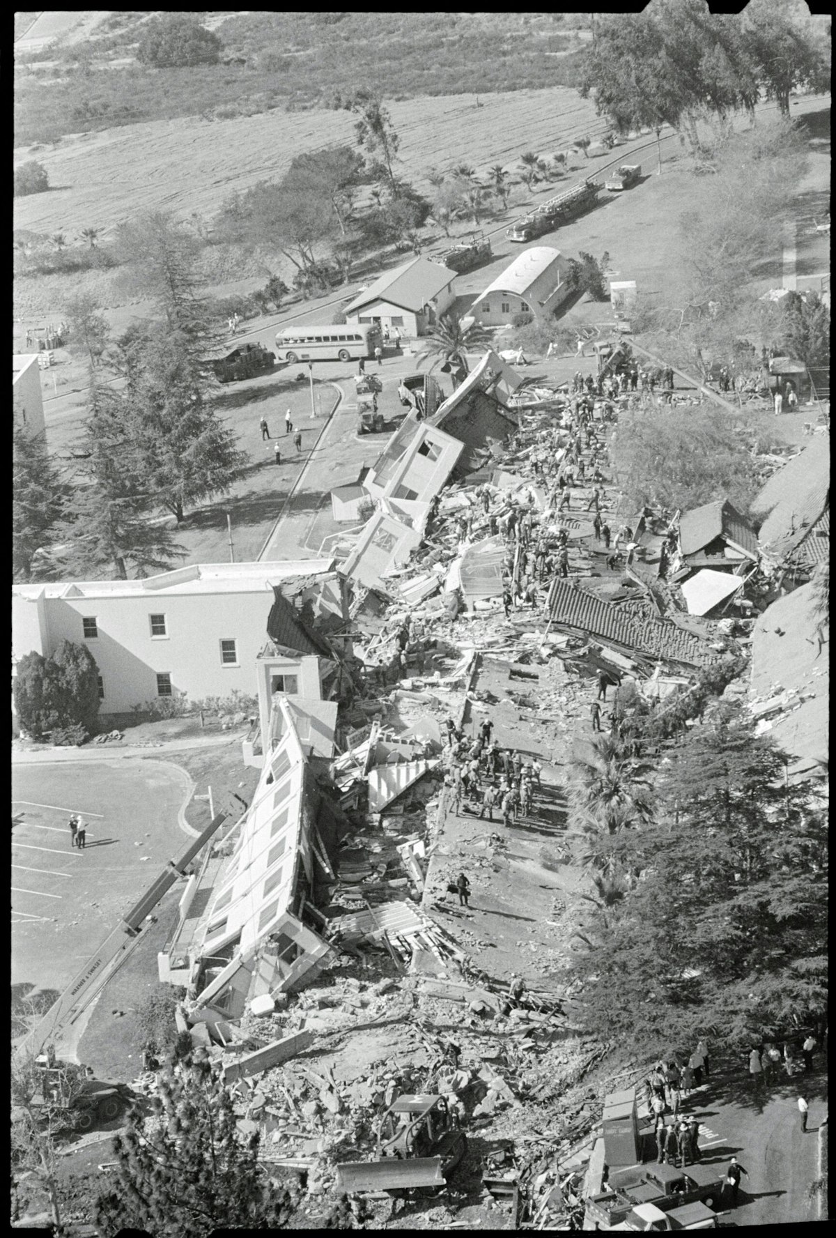 An aerial view shows the collapsed Veterans Administration Hospital after a major earthquake.