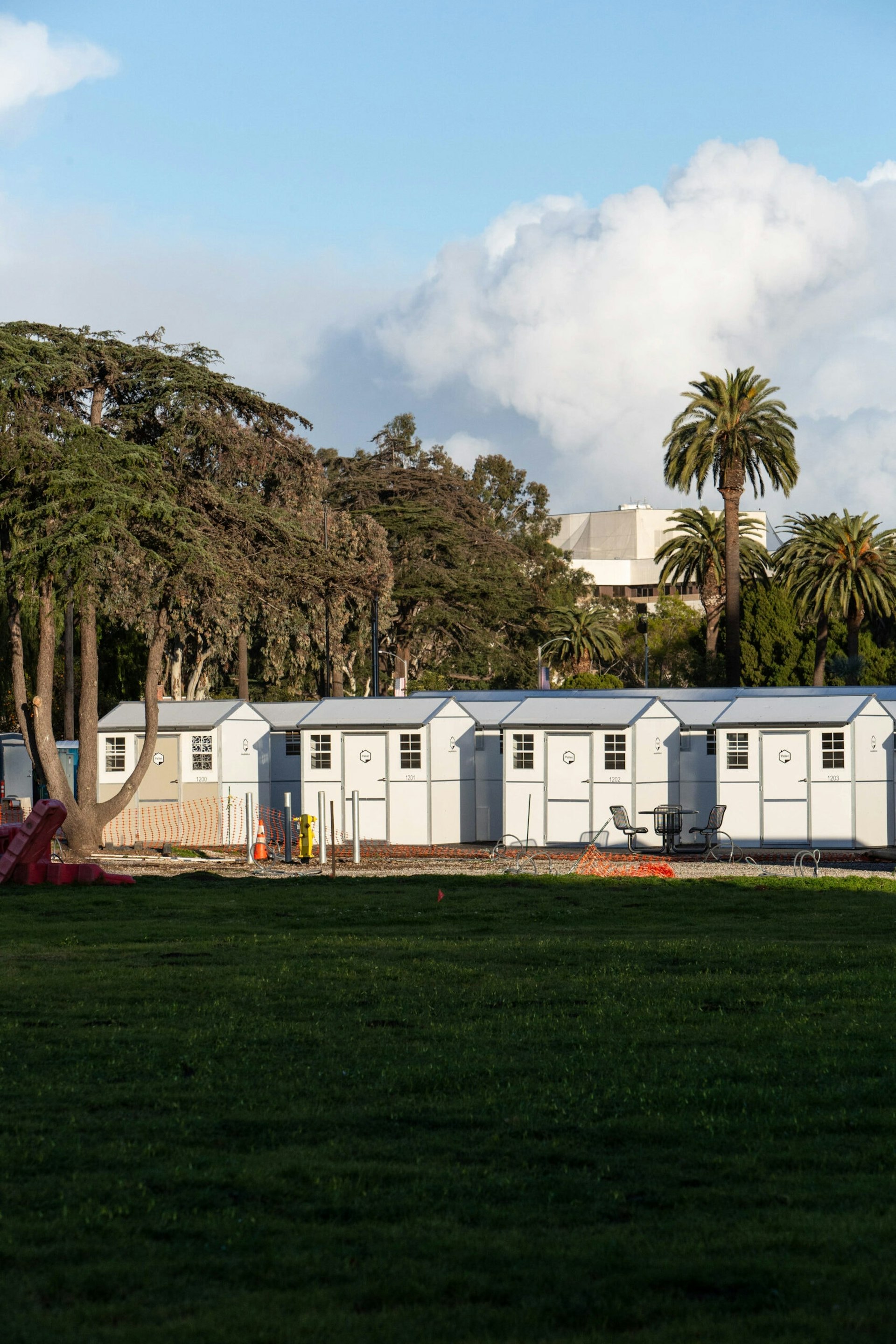 Rows of sheds are seen on the West Los Angeles VA campus.
