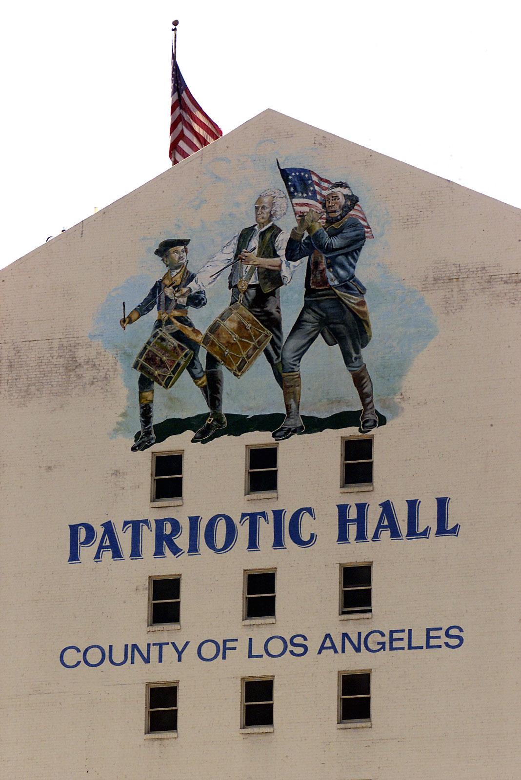 The facade of Patriotic Hall on South Figueroa Street in downtown Los Angeles.