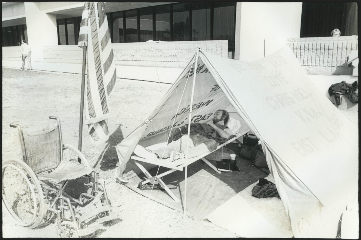 Max Inglett sleeps in his in tent during Veteran's hunger strike, 1981.