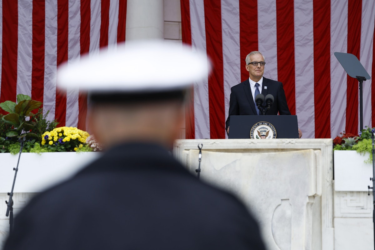 U.S. Veterans Affairs Secretary Denis McDonough gives remarks at a National Veterans Day Ceremony in the amphitheater of the Arlington National Cemetery on Nov. 11, 2022, in Arlington, Va.