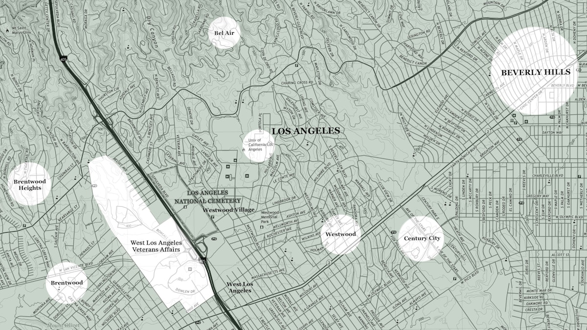 A map of the West Los Angeles VA highlights surrounding affluent neighborhoods, including Brentwood, Bel Air, Beverly Hills, and Santa Monica.