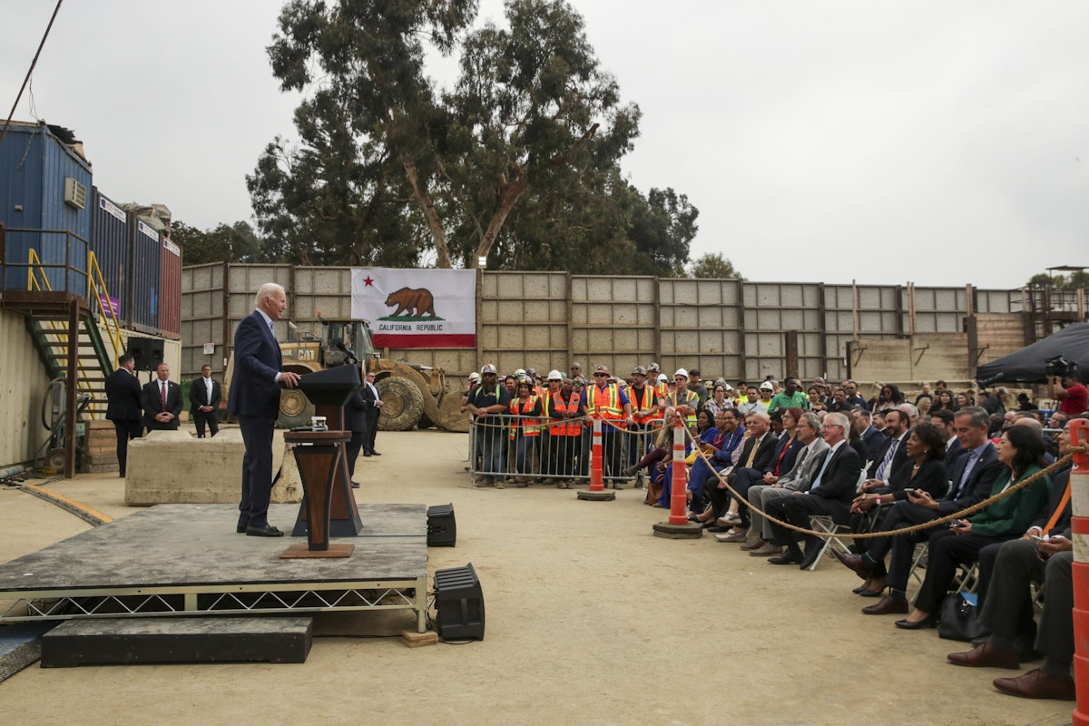 President Joe Biden visits the construction site for the future terminus of the Metro D (Purple) Line near the West Los Angeles VA Campus on Oct. 13, 2022, in Los Angeles.