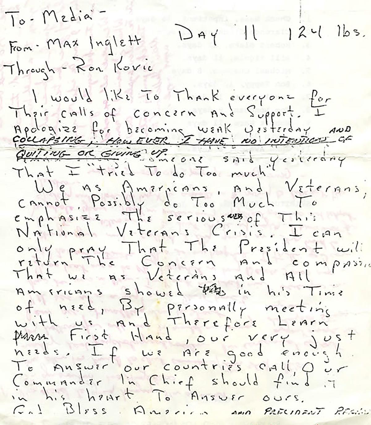 Veteran Max Inglett’s note to the media during his participation in the hunger strike.