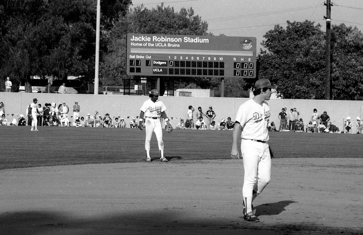 The Jackie Robinson Stadium hosts a baseball game between the Los Angeles Dodgers and the UCLA Bruins.