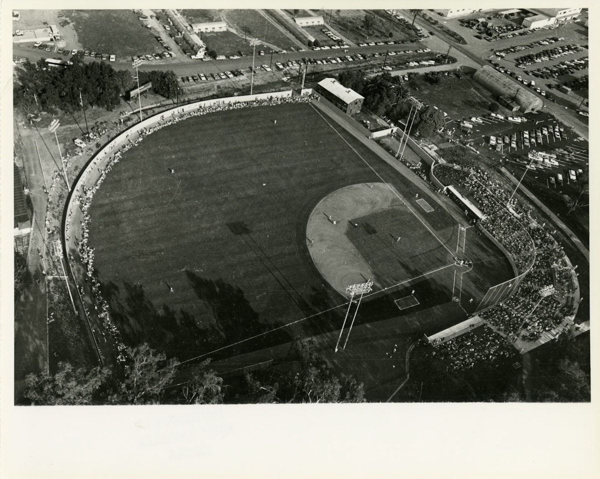 Aerial photo of the Jackie Robinson Baseball Stadium on its dedication day Feb. 7, 1981.