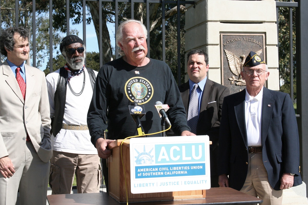 Rosebrock speaks at an ACLU press conference outside the gates of the West LA VA in March 2010.