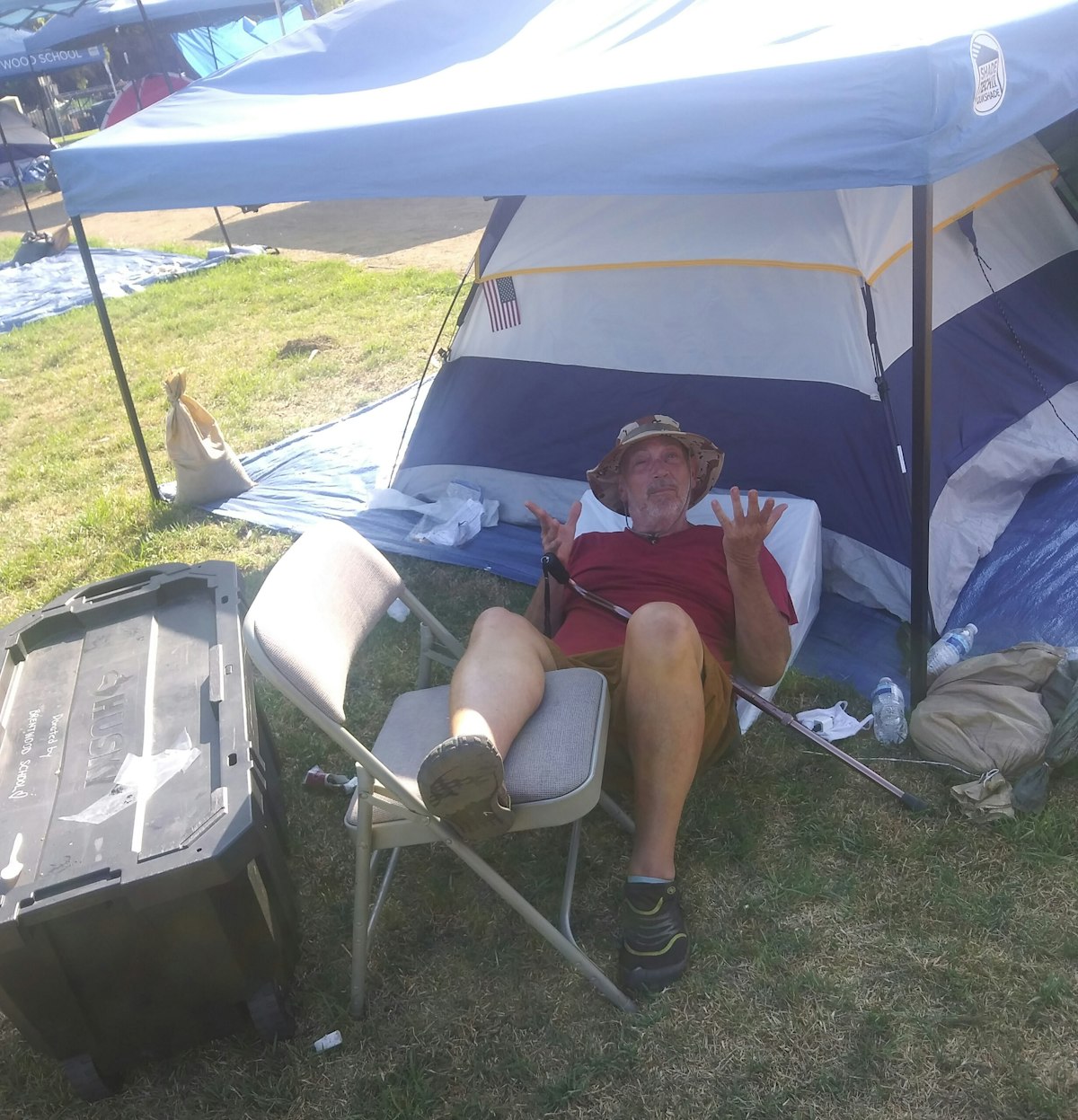 Jeffrey Powers outside of his tent on the VA property.