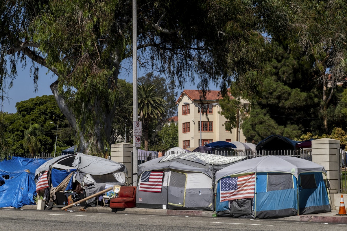 A homeless encampment outside the West L.A. Veterans Affairs campus on Aug. 30, 2021.